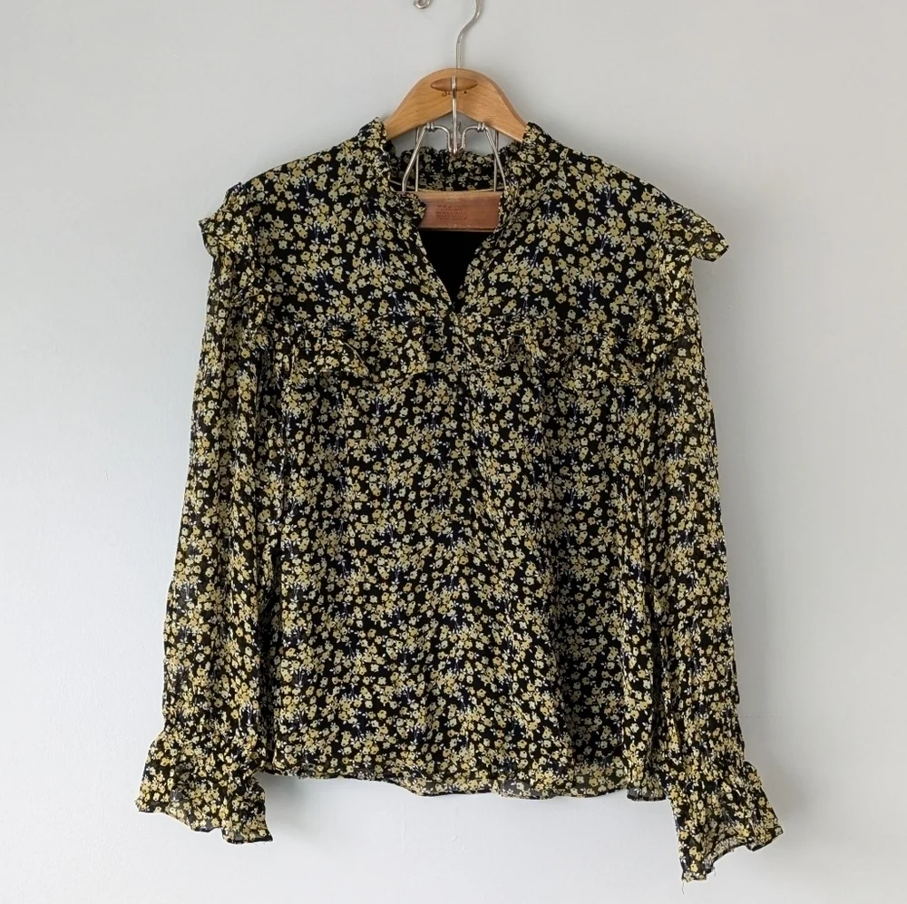 Boden Shirt Women's 16/18R Black Yellow Abstract Sprig Zoe Frill Detail Blouse - Picture 1 of 6